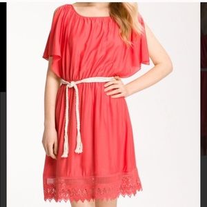 Hinge Coral Lace Trim Cold Shoulder Dress - L